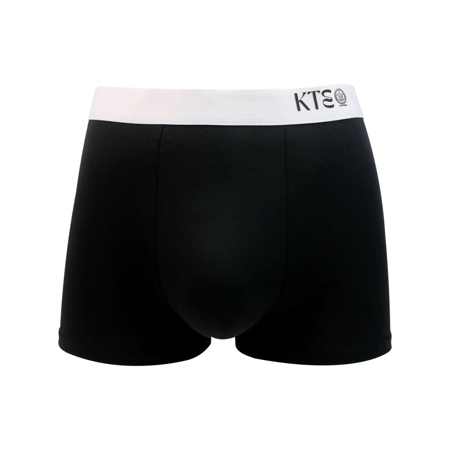 Our newest boxer brief is black, featuring our classic white band and KTE logo for our sample sale. 
