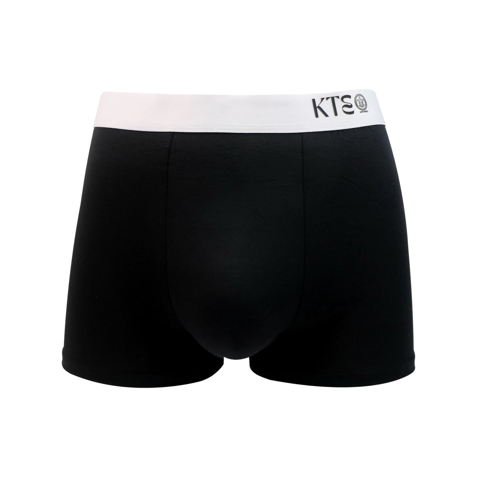 Black boxer briefs with a white waistband featuring 'KTE' branding on a white background.